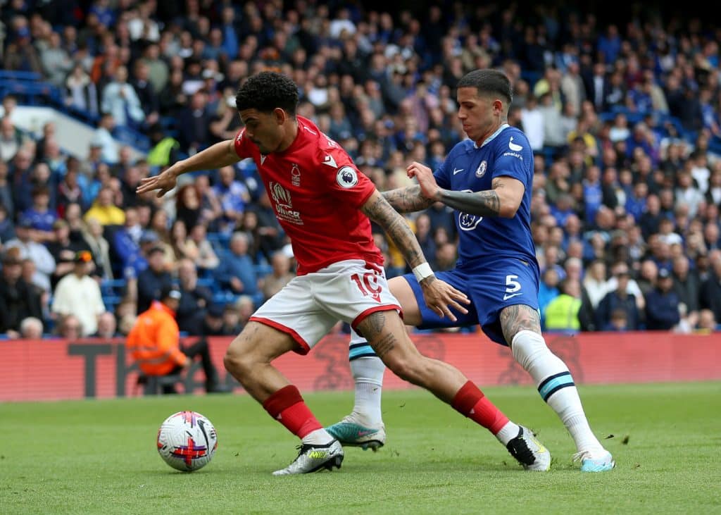 Morgan Gibbs-White and Chelsea's Enzo Fernandez 