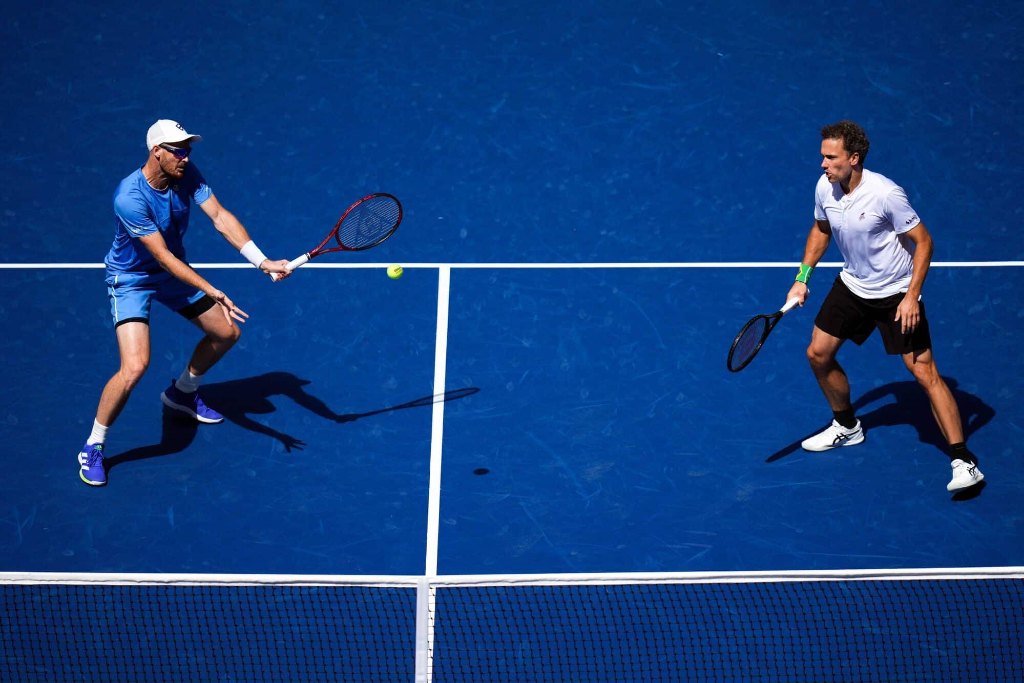 Sep 10, 2021; Flushing, NY, USA; Jamie Murray of Great Britain, left, and Bruno Soares of Brazil play against Rajeev Ram of the United States and Joe Salisbury of Great Britain (not pictured) in the men's doubles final on day twelve of the 2021 U.S. Open tennis tournament at USTA Billie Jean King National Tennis Center. Mandatory Credit: Danielle Parhizkaran-USA TODAY Sports/Sipa USA Photo by Icon Sport